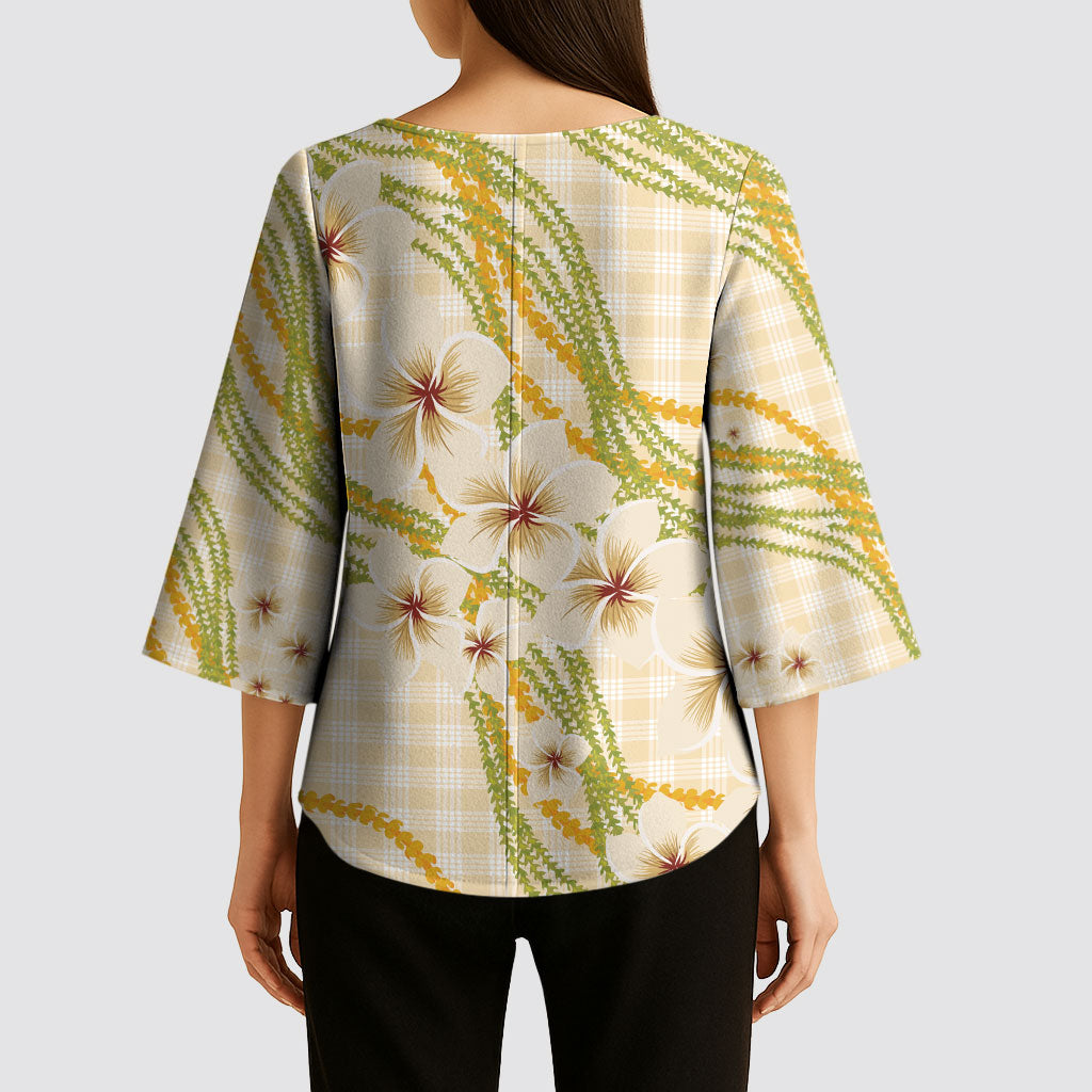 Melemele Ahiahia Hawai'i Palaka Plumeria Kimono Sleeve Blouse Puakenikeni and Maile Lei LT9 - Polynesian Pride