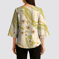 Melemele Ahiahia Hawai'i Palaka Plumeria Kimono Sleeve Blouse Puakenikeni and Maile Lei LT9 - Polynesian Pride