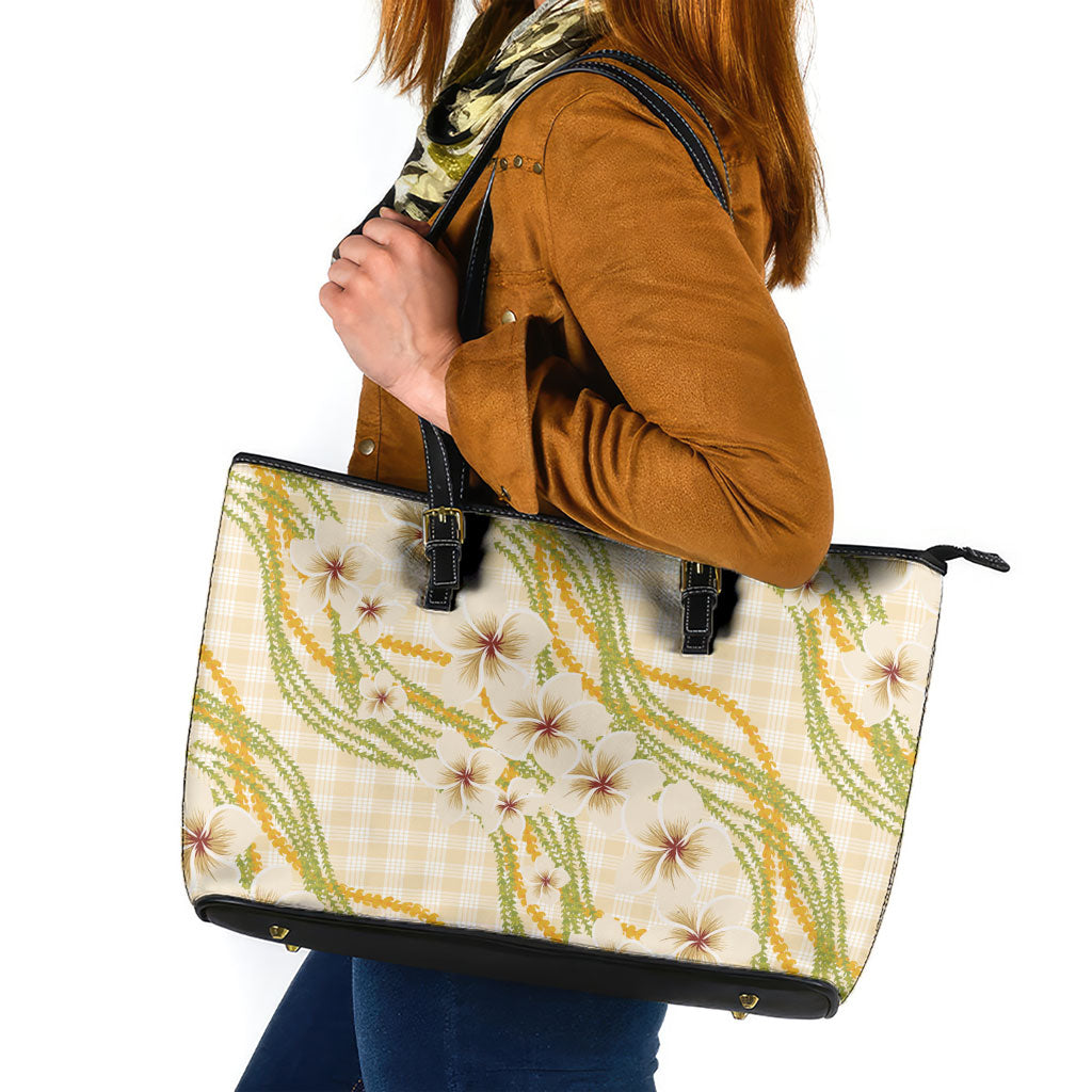 Melemele Ahiahia Hawai'i Palaka Plumeria Leather Tote Bag Puakenikeni and Maile Lei LT9 Pastel Yellow - Polynesian Pride