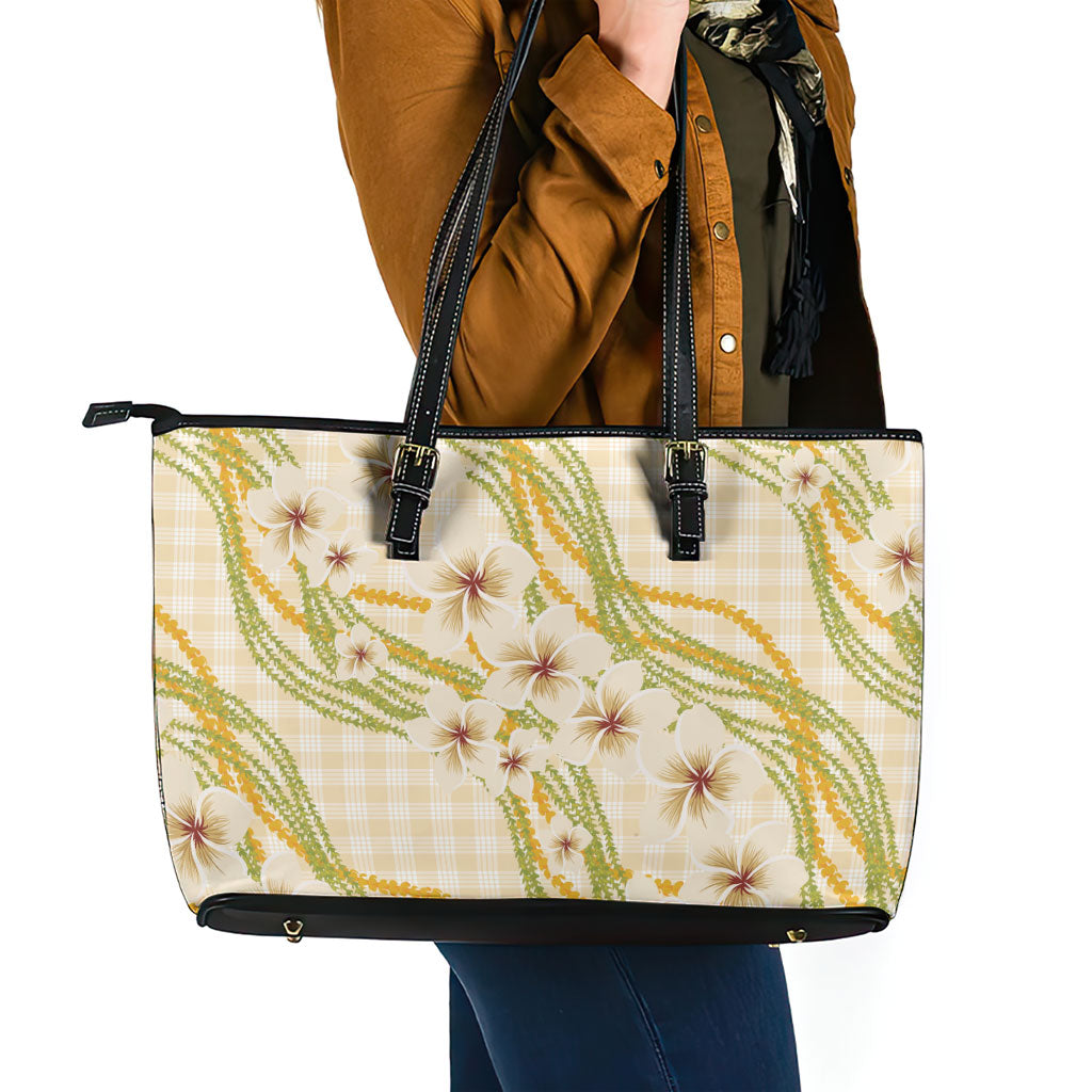Melemele Ahiahia Hawai'i Palaka Plumeria Leather Tote Bag Puakenikeni and Maile Lei LT9 - Polynesian Pride