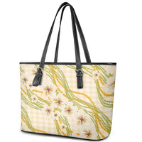 Melemele Ahiahia Hawai'i Palaka Plumeria Leather Tote Bag Puakenikeni and Maile Lei LT9 - Polynesian Pride