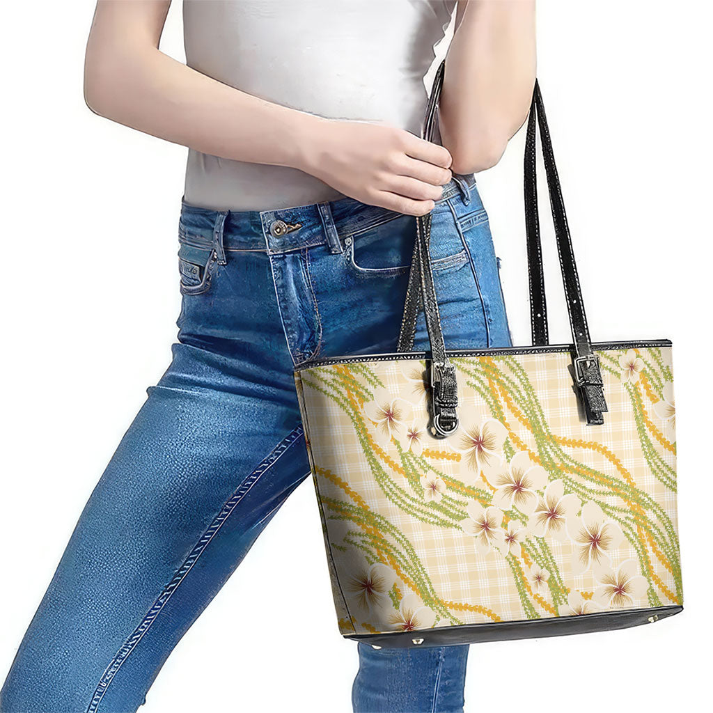Melemele Ahiahia Hawai'i Palaka Plumeria Leather Tote Bag Puakenikeni and Maile Lei LT9 - Polynesian Pride