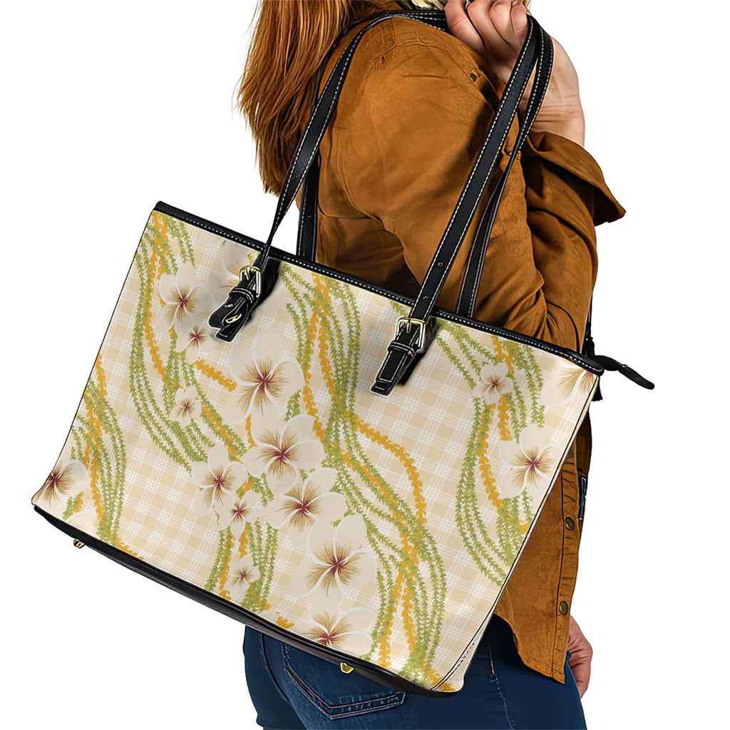 Melemele Ahiahia Hawai'i Palaka Plumeria Leather Tote Bag Puakenikeni and Maile Lei LT9 - Polynesian Pride
