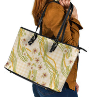 Melemele Ahiahia Hawai'i Palaka Plumeria Leather Tote Bag Puakenikeni and Maile Lei LT9 - Polynesian Pride