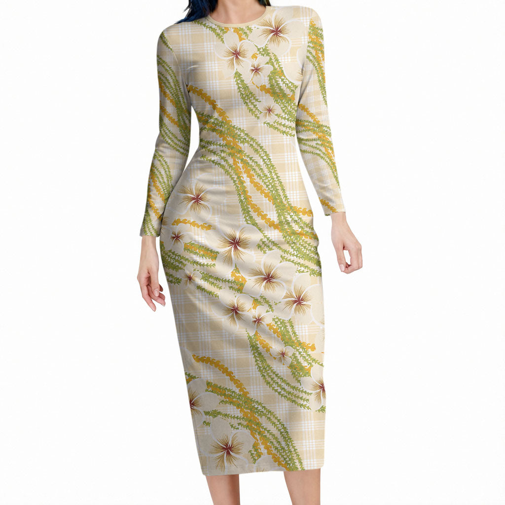 Melemele Ahiahia Hawai'i Palaka Plumeria Long Sleeve Bodycon Dress Puakenikeni and Maile Lei LT9 Long Dress Pastel Yellow - Polynesian Pride