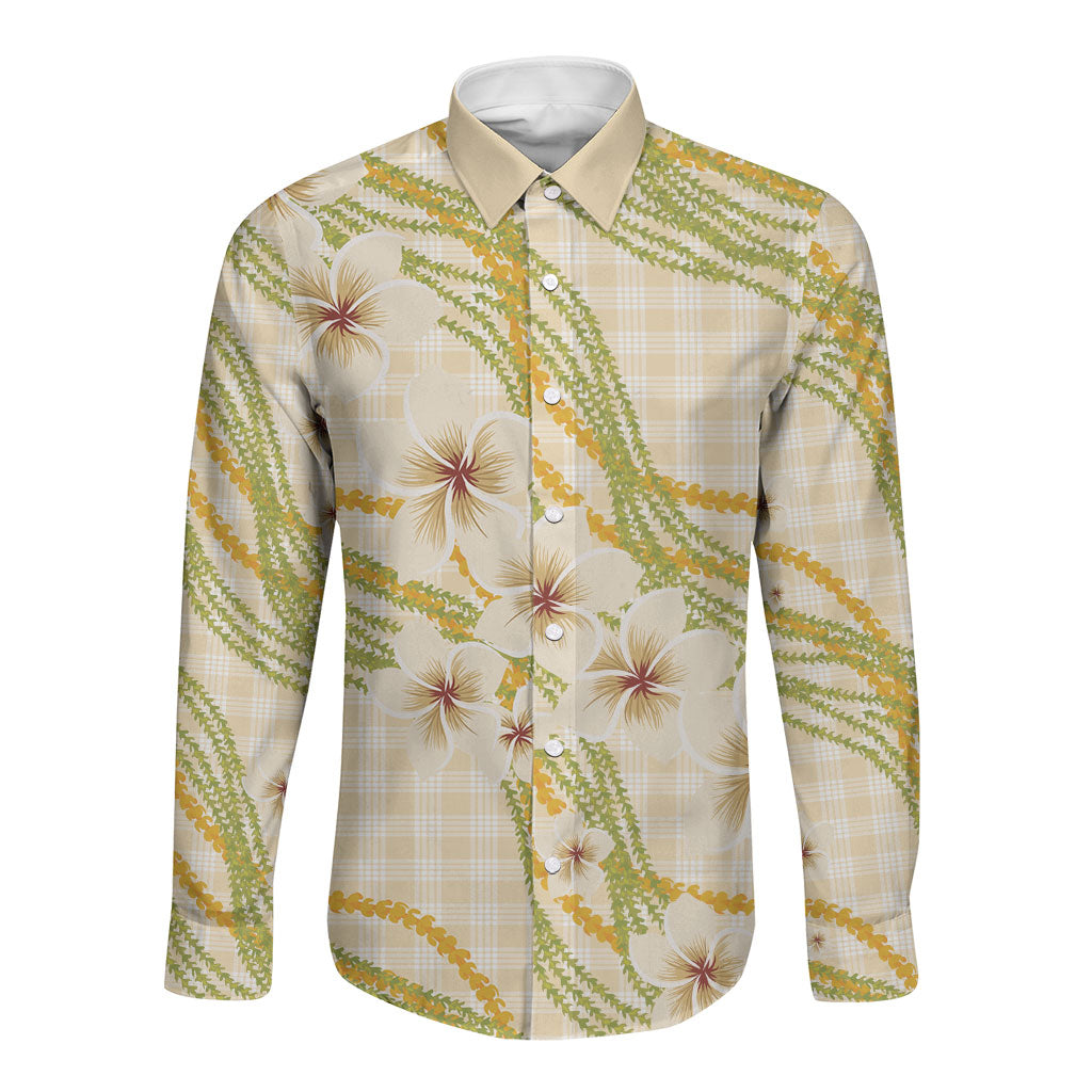 Melemele Ahiahia Hawai'i Palaka Plumeria Long Sleeve Button Shirt Puakenikeni and Maile Lei LT9 Unisex Pastel Yellow - Polynesian Pride