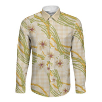 Melemele Ahiahia Hawai'i Palaka Plumeria Long Sleeve Button Shirt Puakenikeni and Maile Lei LT9 Unisex Pastel Yellow - Polynesian Pride