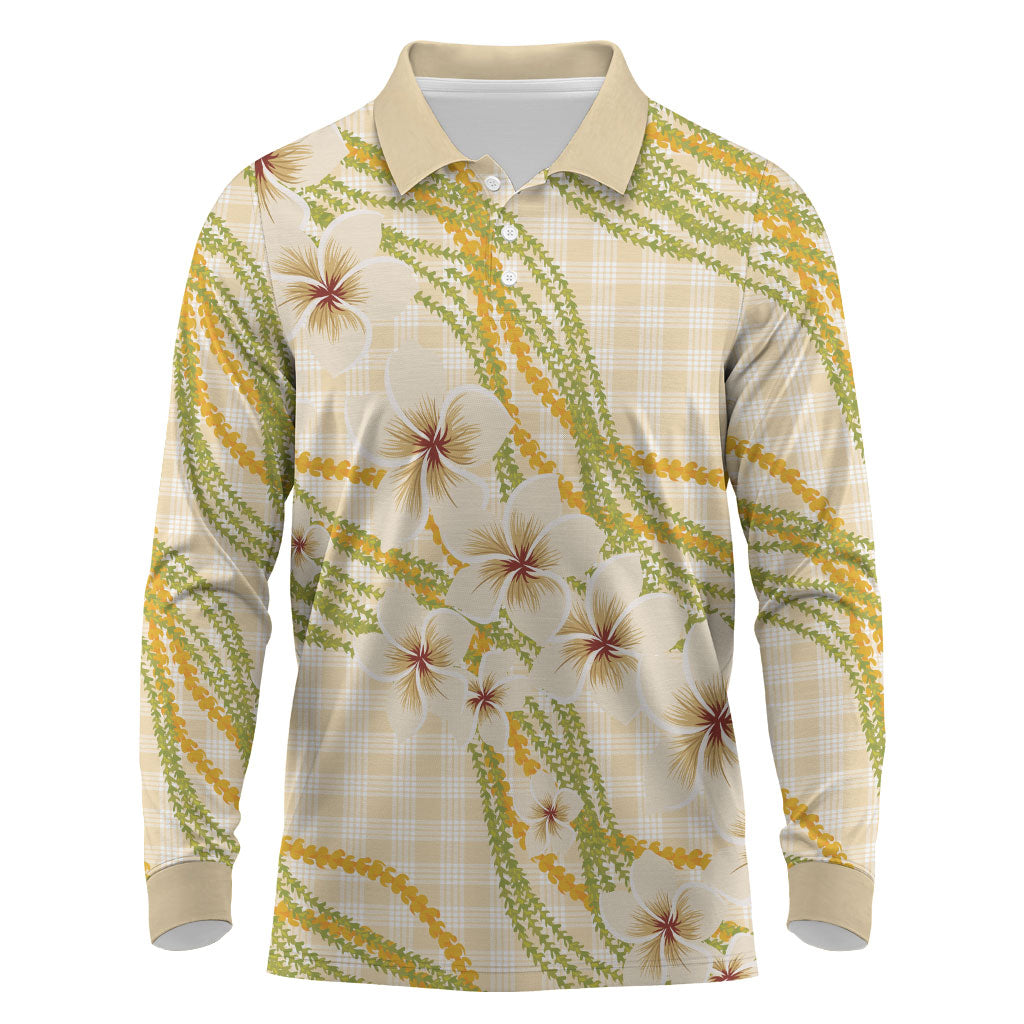 Melemele Ahiahia Hawai'i Palaka Plumeria Long Sleeve Polo Shirt Puakenikeni and Maile Lei LT9 Pastel Yellow - Polynesian Pride