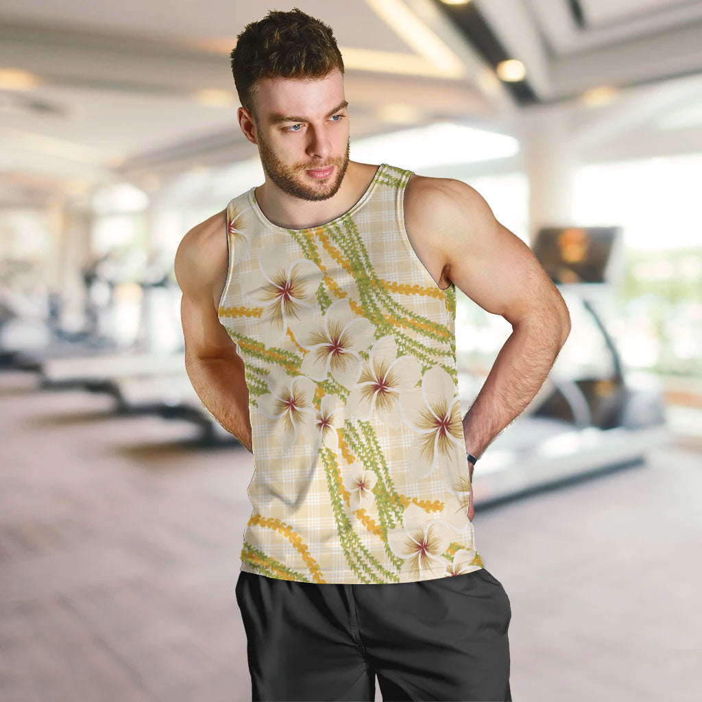 Melemele Ahiahia Hawai'i Palaka Plumeria Men Tank Top Puakenikeni and Maile Lei LT9 Pastel Yellow - Polynesian Pride