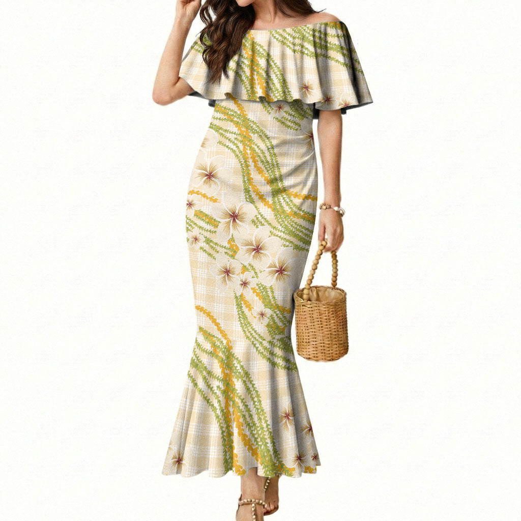 Melemele Ahiahia Hawai'i Palaka Plumeria Mermaid Dress Puakenikeni and Maile Lei LT9 Women Pastel Yellow - Polynesian Pride