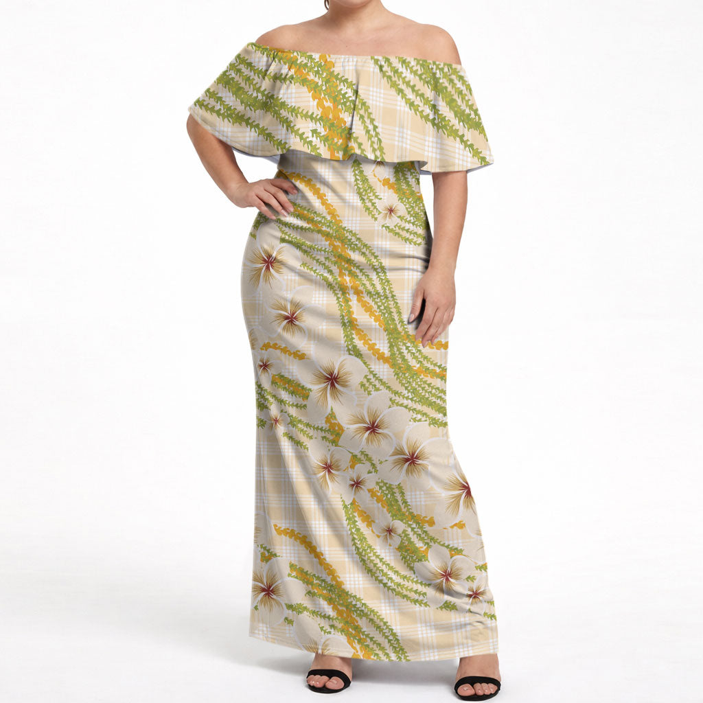 Melemele Ahiahia Hawai'i Palaka Plumeria Off Shoulder Maxi Dress Puakenikeni and Maile Lei LT9 Women Pastel Yellow - Polynesian Pride