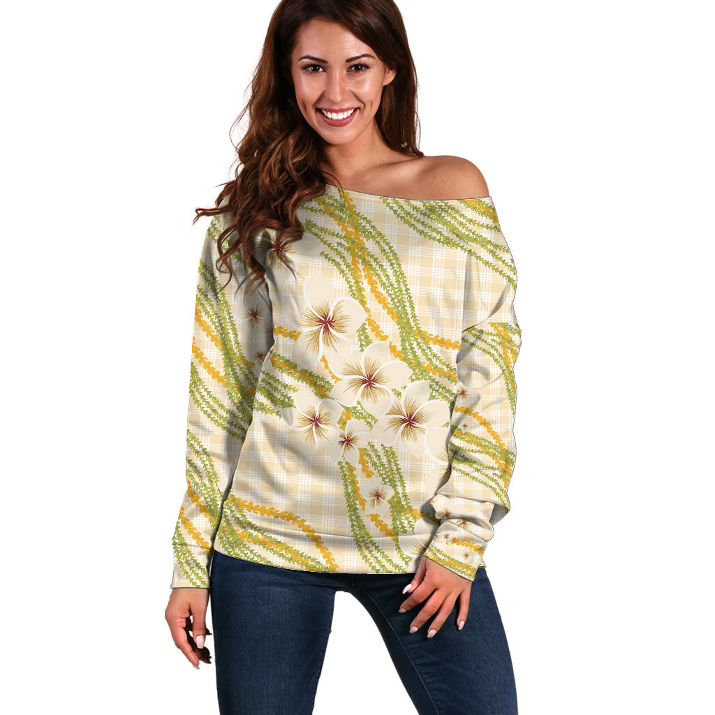 Melemele Ahiahia Hawai'i Palaka Plumeria Off Shoulder Sweater Puakenikeni and Maile Lei LT9 Women Pastel Yellow - Polynesian Pride