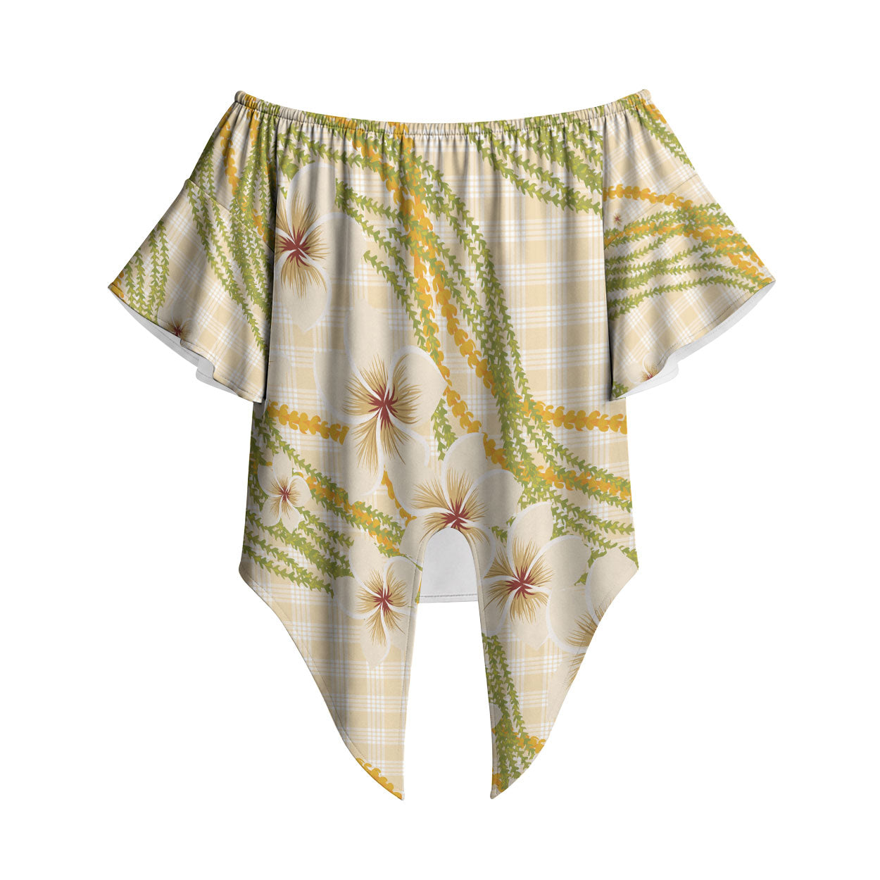 Melemele Ahiahia Hawai'i Palaka Plumeria Off Shoulder Wrap Waist Top Puakenikeni and Maile Lei LT9 Pastel Yellow - Polynesian Pride