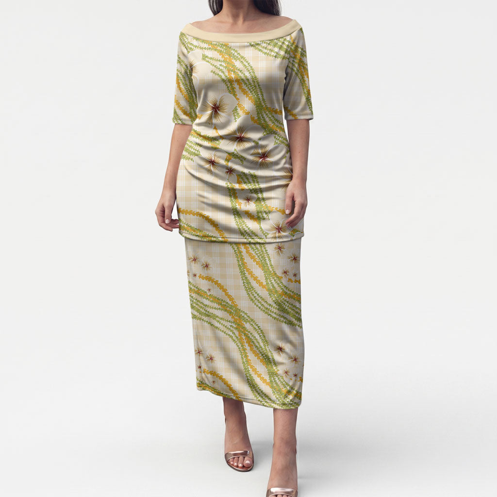 Melemele Ahiahia Hawai'i Palaka Plumeria Puletasi Puakenikeni and Maile Lei LT9 Long Dress Pastel Yellow - Polynesian Pride