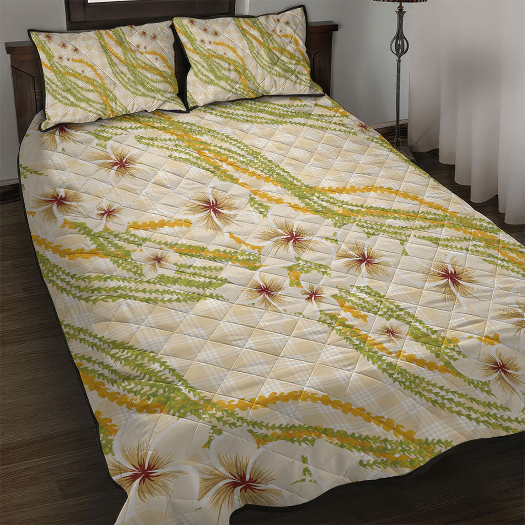 Melemele Ahiahia Hawai'i Palaka Plumeria Quilt Bed Set Puakenikeni and Maile Lei LT9 Pastel Yellow - Polynesian Pride