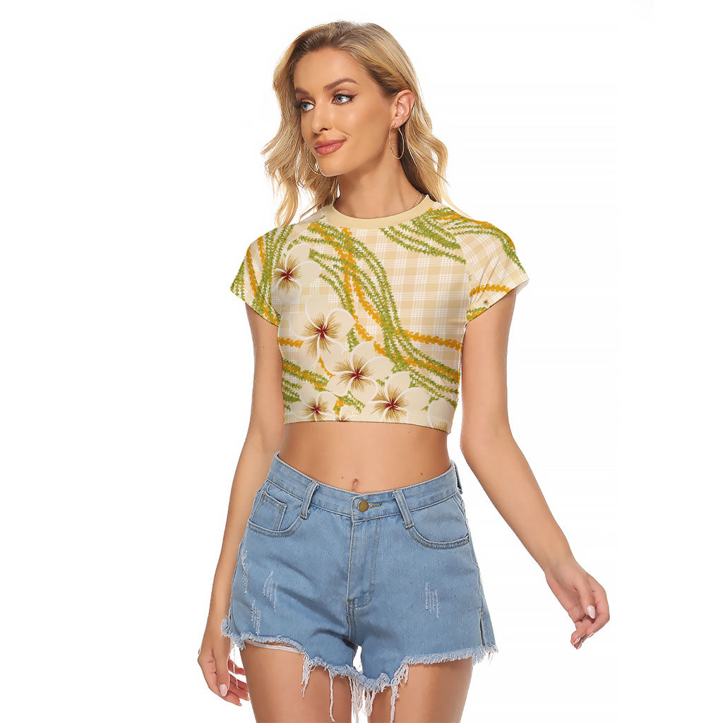 Melemele Ahiahia Hawai'i Palaka Plumeria Raglan Cropped T Shirt Puakenikeni and Maile Lei LT9 Female Pastel Yellow - Polynesian Pride