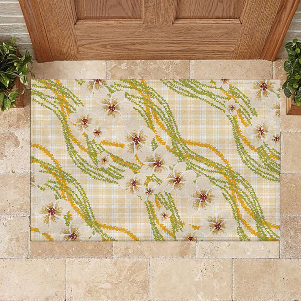 Melemele Ahiahia Hawai'i Palaka Plumeria Rubber Doormat Puakenikeni and Maile Lei LT9 Pastel Yellow - Polynesian Pride