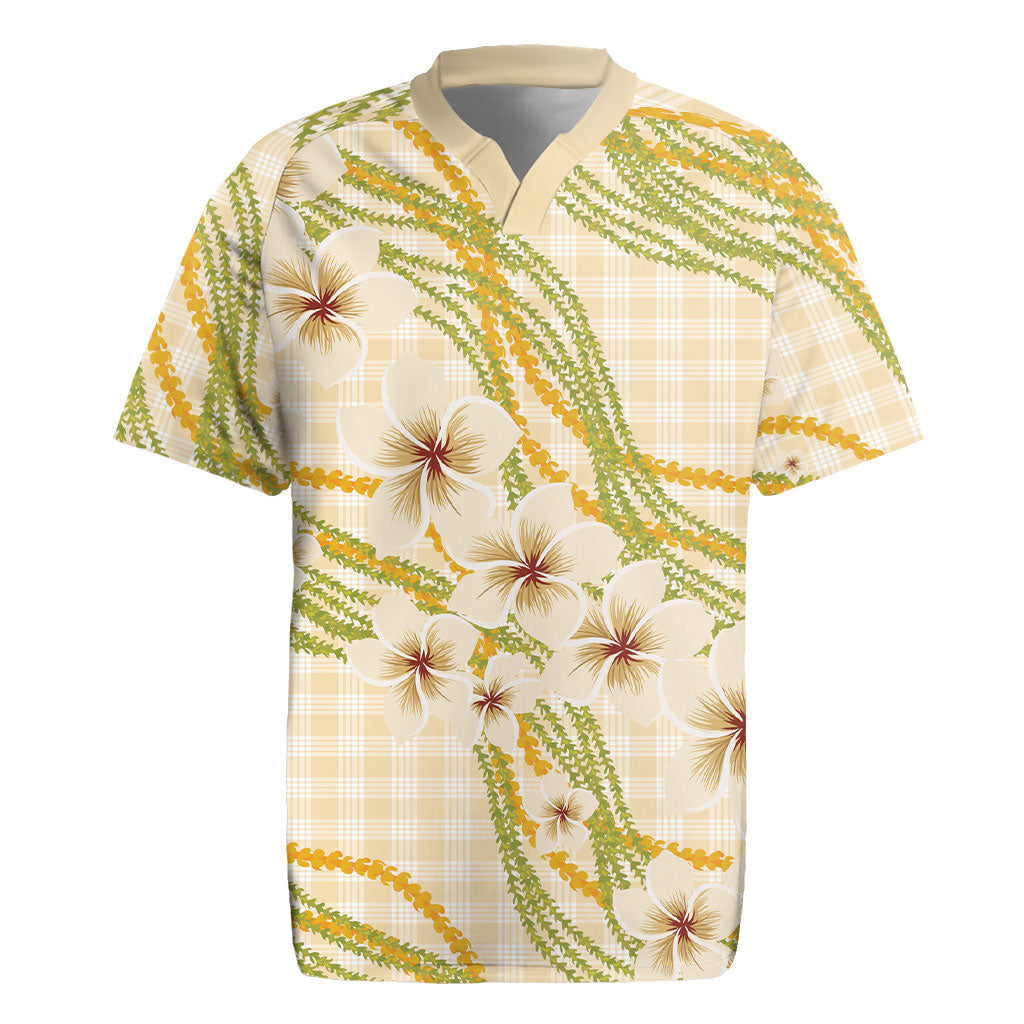 Melemele Ahiahia Hawai'i Palaka Plumeria Rugby Jersey Puakenikeni and Maile Lei LT9 Pastel Yellow - Polynesian Pride