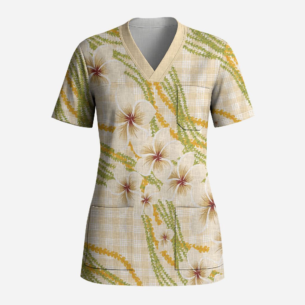 Melemele Ahiahia Hawai'i Palaka Plumeria Scrub Top Puakenikeni and Maile Lei LT9 Adult Pastel Yellow - Polynesian Pride