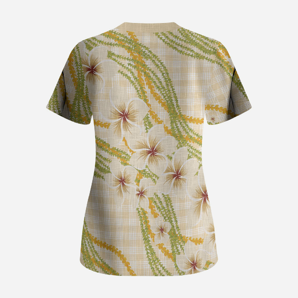 Melemele Ahiahia Hawai'i Palaka Plumeria Scrub Top Puakenikeni and Maile Lei LT9 - Polynesian Pride