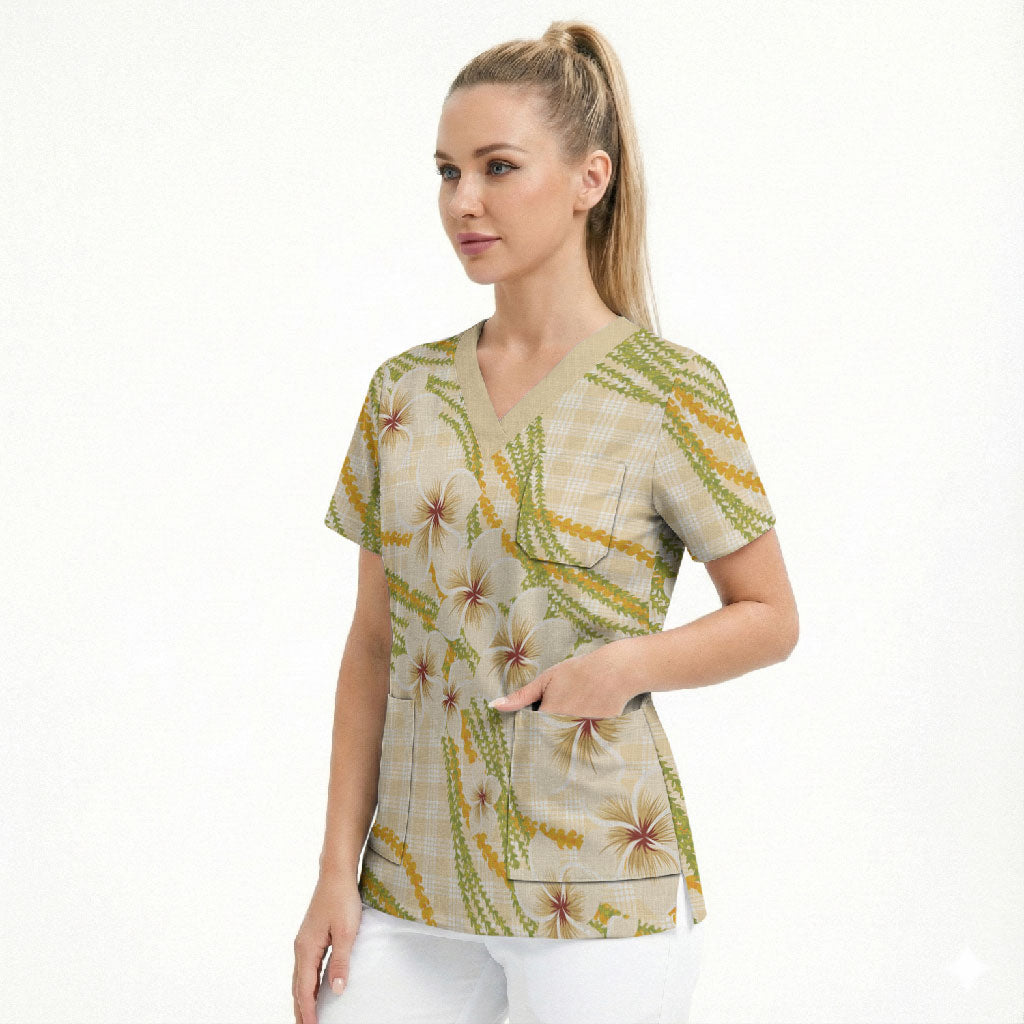 Melemele Ahiahia Hawai'i Palaka Plumeria Scrub Top Puakenikeni and Maile Lei LT9 - Polynesian Pride