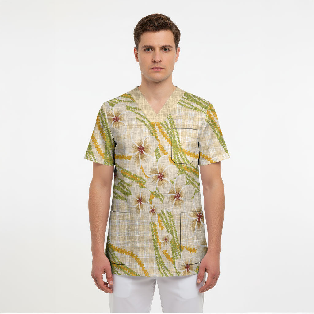 Melemele Ahiahia Hawai'i Palaka Plumeria Scrub Top Puakenikeni and Maile Lei LT9 - Polynesian Pride