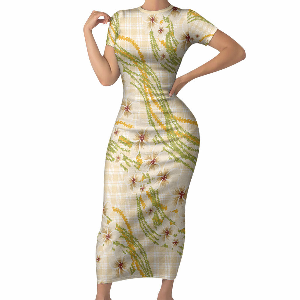 Melemele Ahiahia Hawai'i Palaka Plumeria Short Sleeve Bodycon Dress Puakenikeni and Maile Lei LT9 Long Dress Pastel Yellow - Polynesian Pride