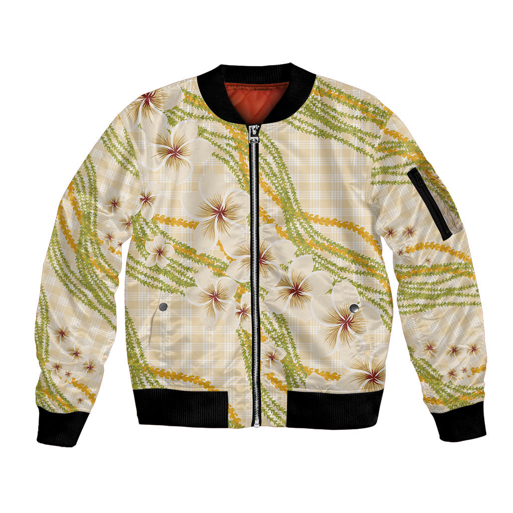 Melemele Ahiahia Hawai'i Palaka Plumeria Sleeve Zip Bomber Jacket Puakenikeni and Maile Lei LT9 Unisex Pastel Yellow - Polynesian Pride