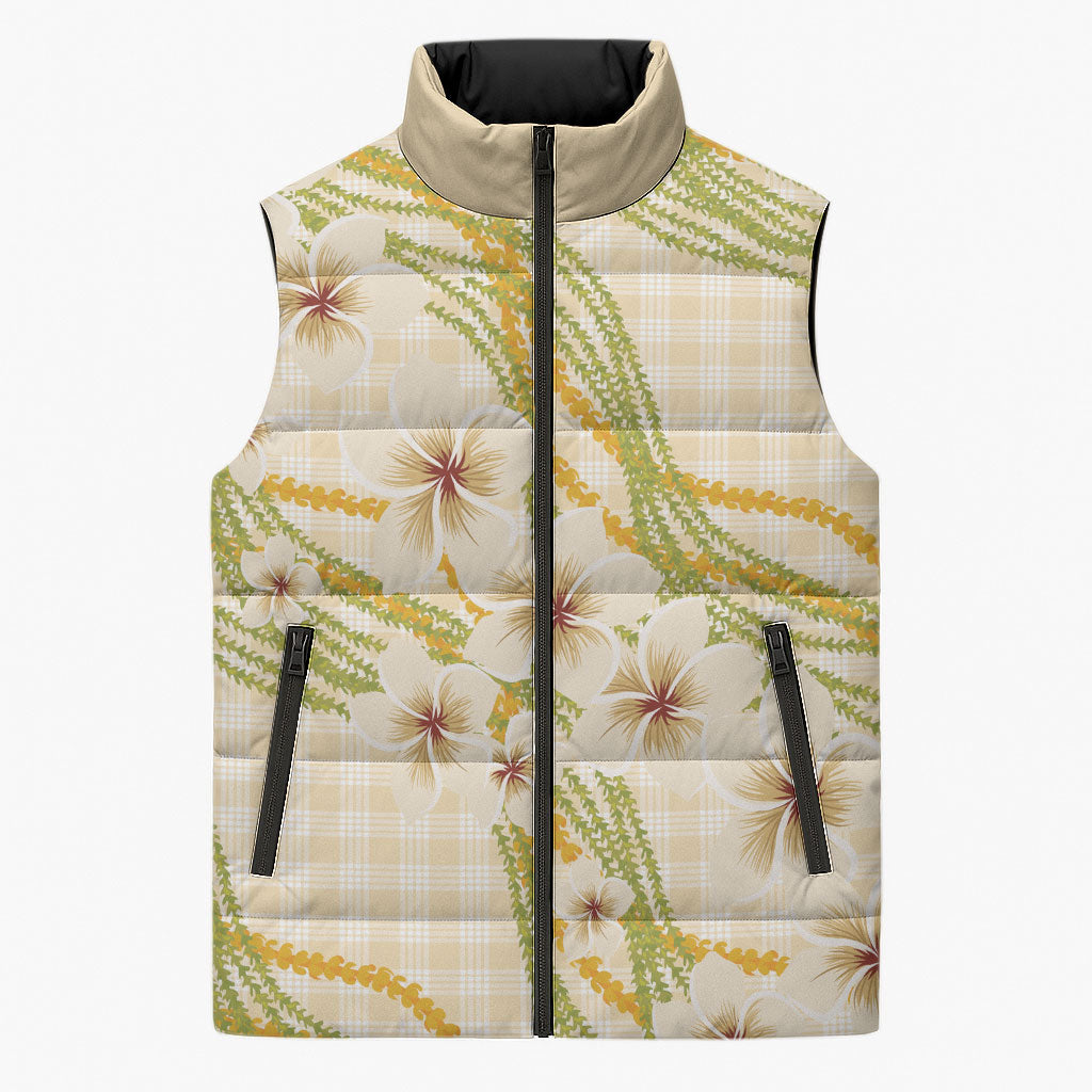 Melemele Ahiahia Hawai'i Palaka Plumeria Sleeveless Puffer Jacket Puakenikeni and Maile Lei LT9 Unisex Pastel Yellow - Polynesian Pride