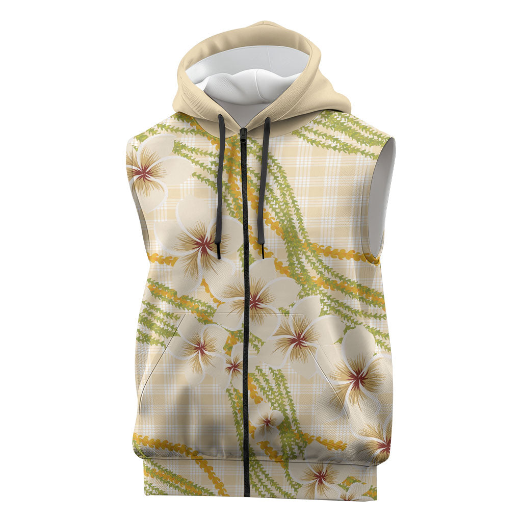 Melemele Ahiahia Hawai'i Palaka Plumeria Sleeveless Zip Hoodie Puakenikeni and Maile Lei LT9 Pastel Yellow - Polynesian Pride