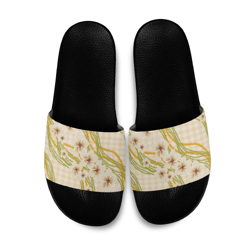 Melemele Ahiahia Hawai'i Palaka Plumeria Slide Sandals Puakenikeni and Maile Lei LT9 Pastel Yellow - Polynesian Pride
