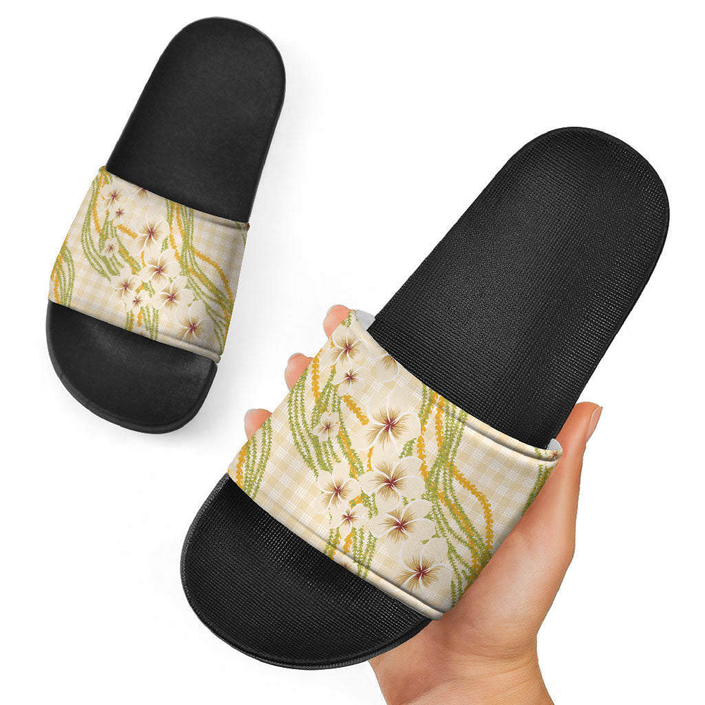 Melemele Ahiahia Hawai'i Palaka Plumeria Slide Sandals Puakenikeni and Maile Lei LT9 - Polynesian Pride