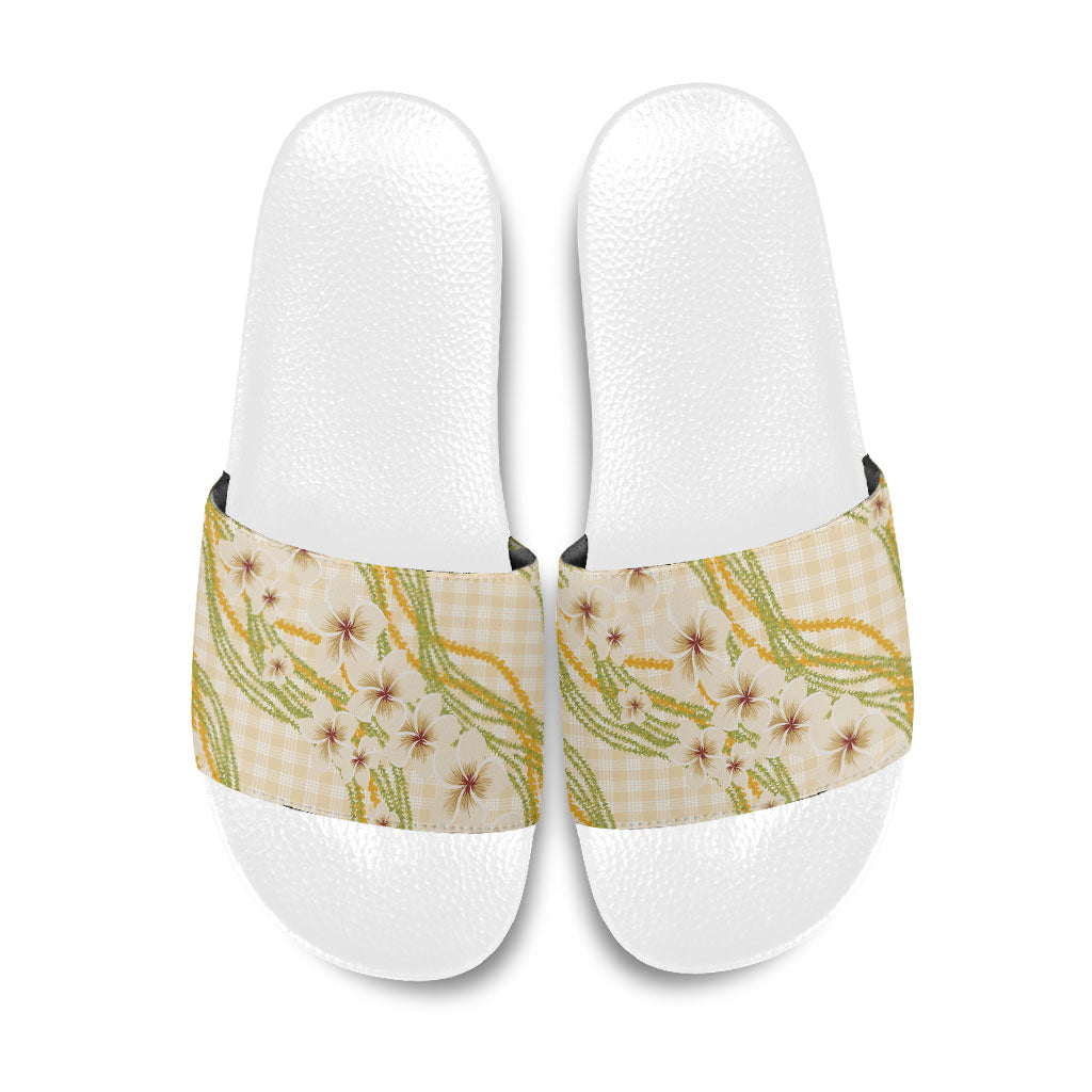 Melemele Ahiahia Hawai'i Palaka Plumeria Slide Sandals Puakenikeni and Maile Lei LT9 Pastel Yellow - Polynesian Pride