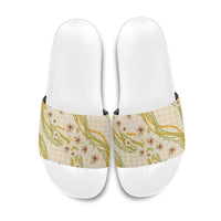 Melemele Ahiahia Hawai'i Palaka Plumeria Slide Sandals Puakenikeni and Maile Lei LT9 Pastel Yellow - Polynesian Pride