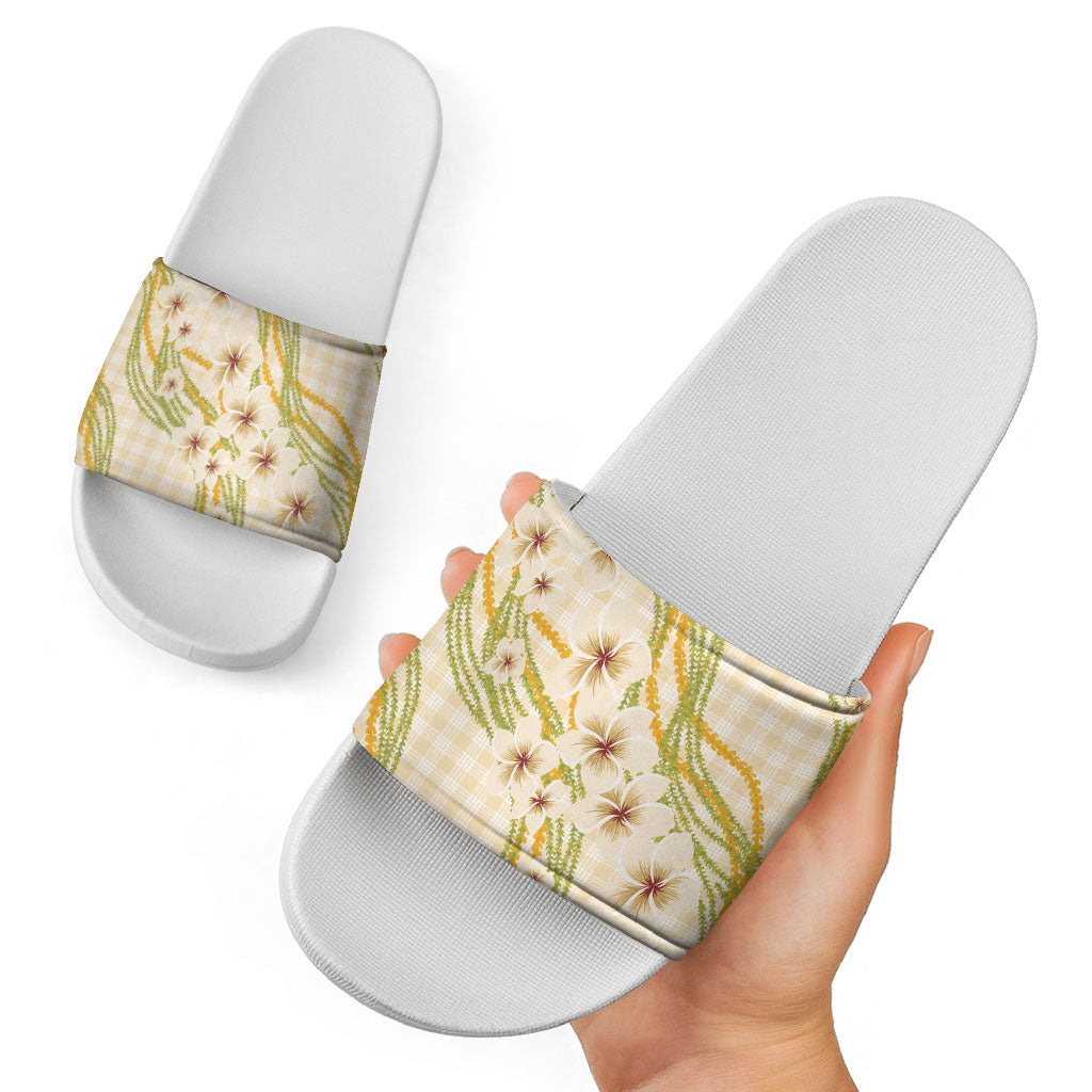 Melemele Ahiahia Hawai'i Palaka Plumeria Slide Sandals Puakenikeni and Maile Lei LT9 - Polynesian Pride