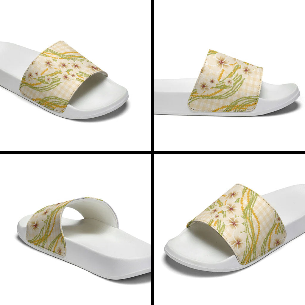 Melemele Ahiahia Hawai'i Palaka Plumeria Slide Sandals Puakenikeni and Maile Lei LT9 - Polynesian Pride