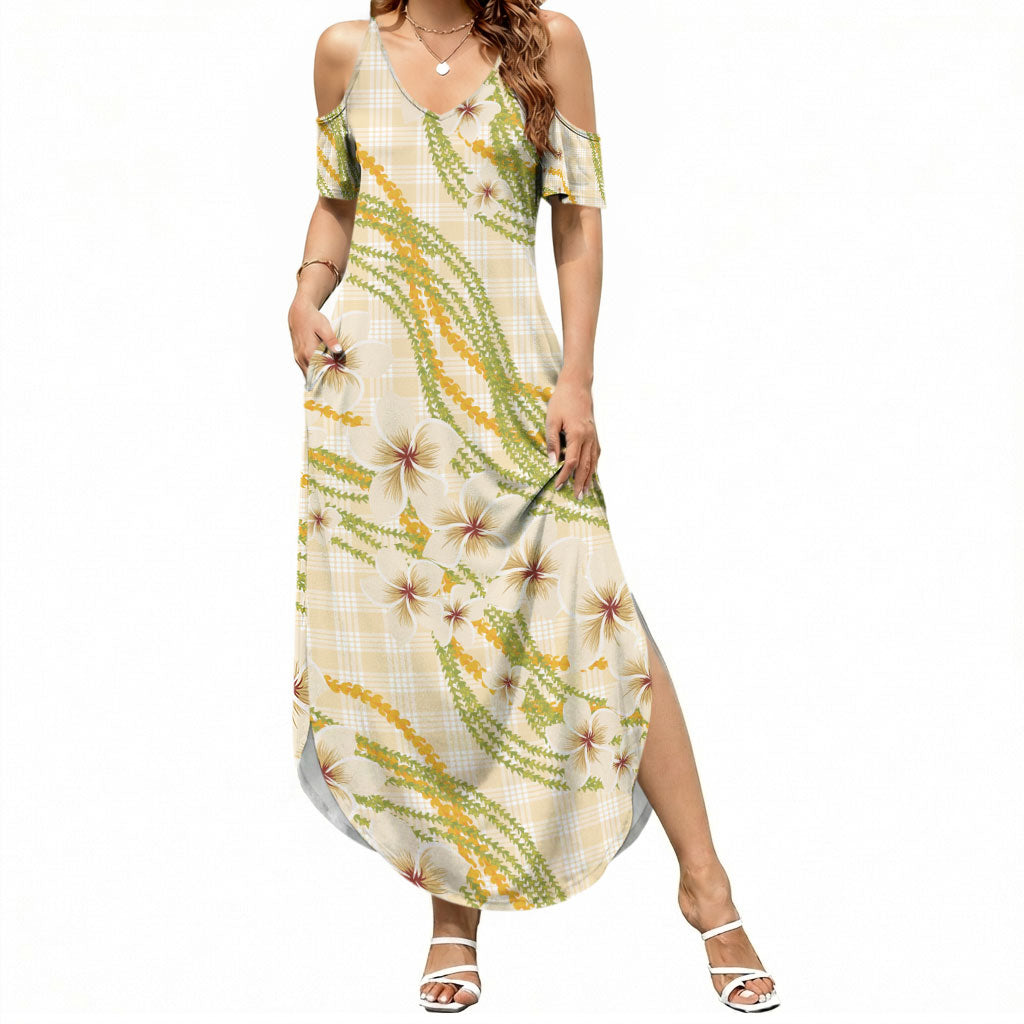Melemele Ahiahia Hawai'i Palaka Plumeria Summer Maxi Dress Puakenikeni and Maile Lei LT9 Women Pastel Yellow - Polynesian Pride