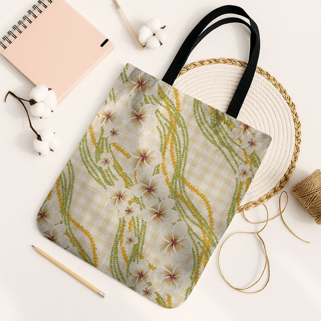 Melemele Ahiahia Hawai'i Palaka Plumeria Tote Bag Puakenikeni and Maile Lei LT9 Black Strap One Size Pastel Yellow - Polynesian Pride