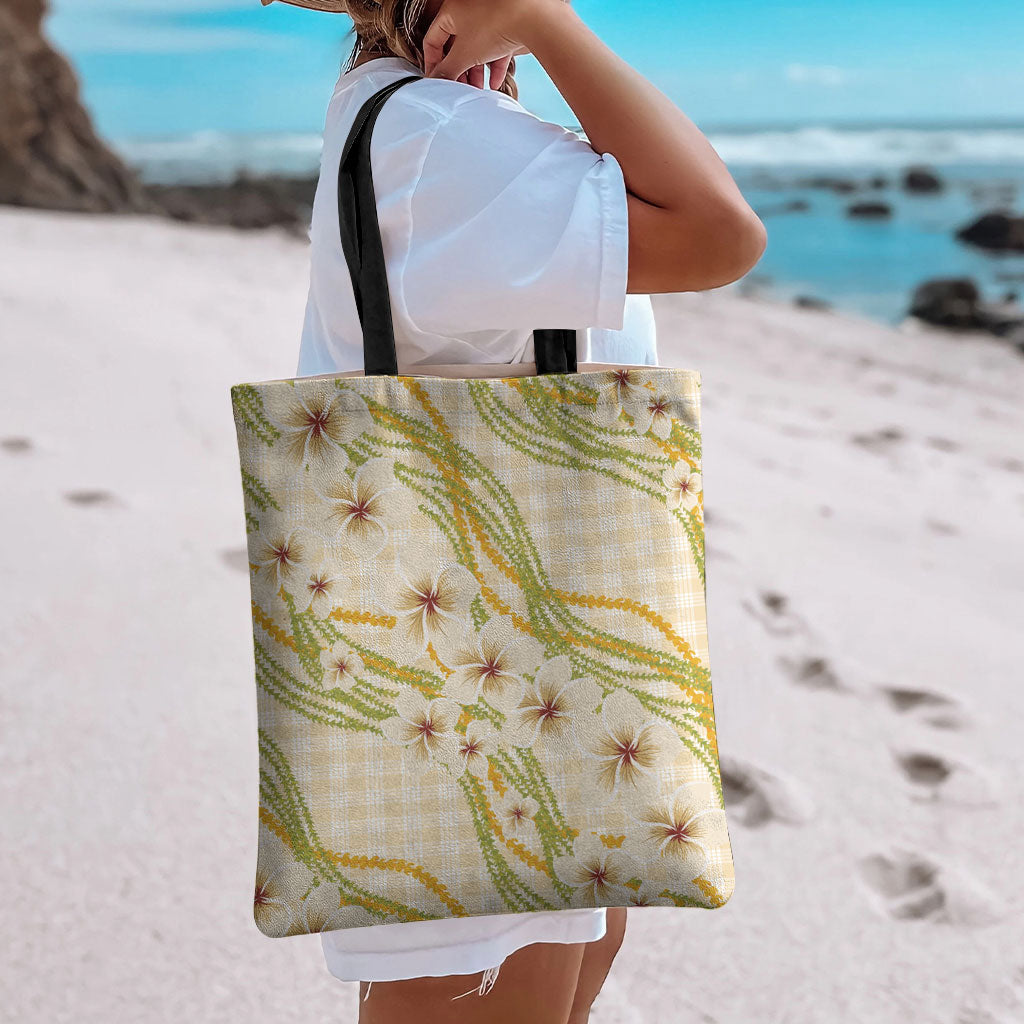 Melemele Ahiahia Hawai'i Palaka Plumeria Tote Bag Puakenikeni and Maile Lei LT9 - Polynesian Pride