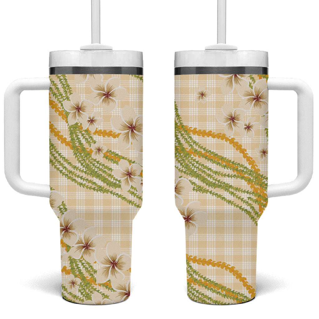 Melemele Ahiahia Hawai'i Palaka Plumeria Tumbler With Handle Puakenikeni and Maile Lei LT9 One Size: 40 oz Pastel Yellow - Polynesian Pride