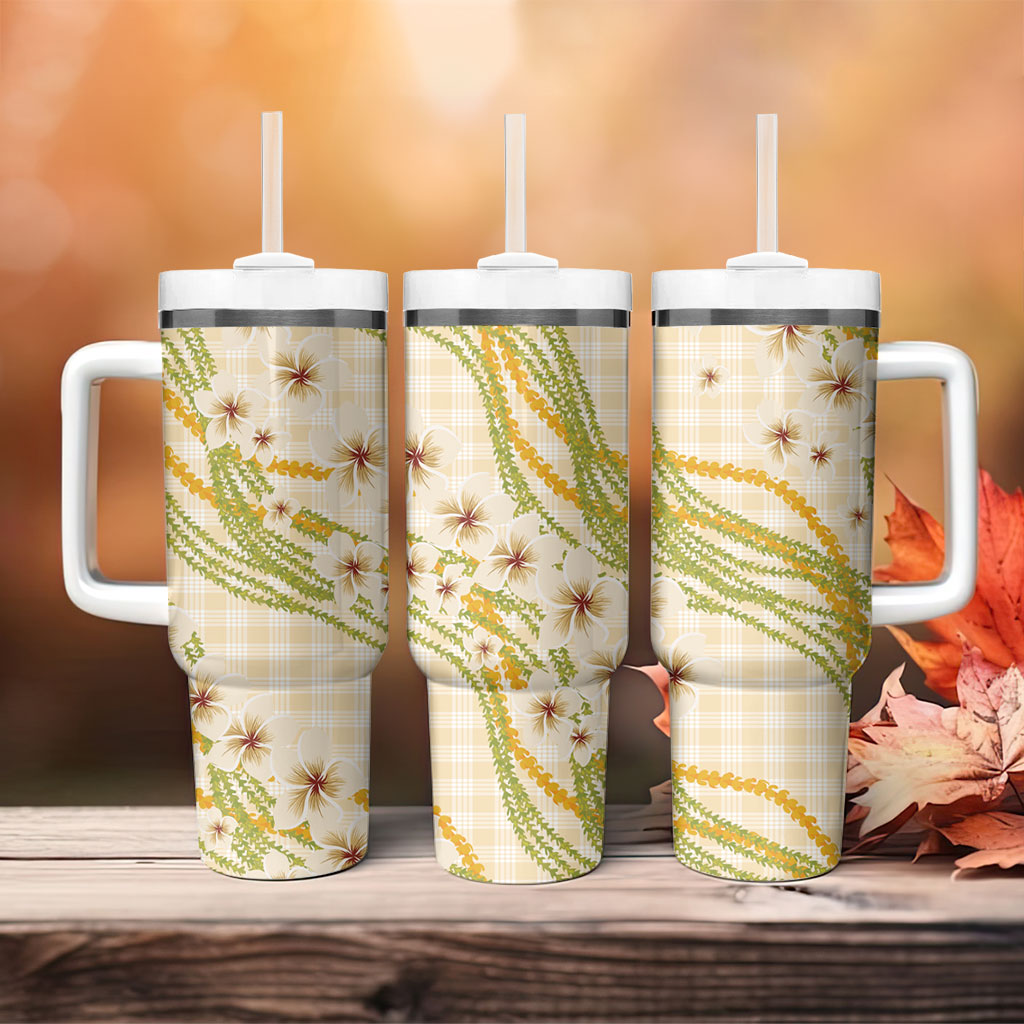 Melemele Ahiahia Hawai'i Palaka Plumeria Tumbler With Handle Puakenikeni and Maile Lei LT9 - Polynesian Pride