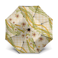 Melemele Ahiahia Hawai'i Palaka Plumeria Umbrella Puakenikeni and Maile Lei LT9 One Size Folded 11.42 inch Opened Diameter 37.4 inch Pastel Yellow - Polynesian Pride