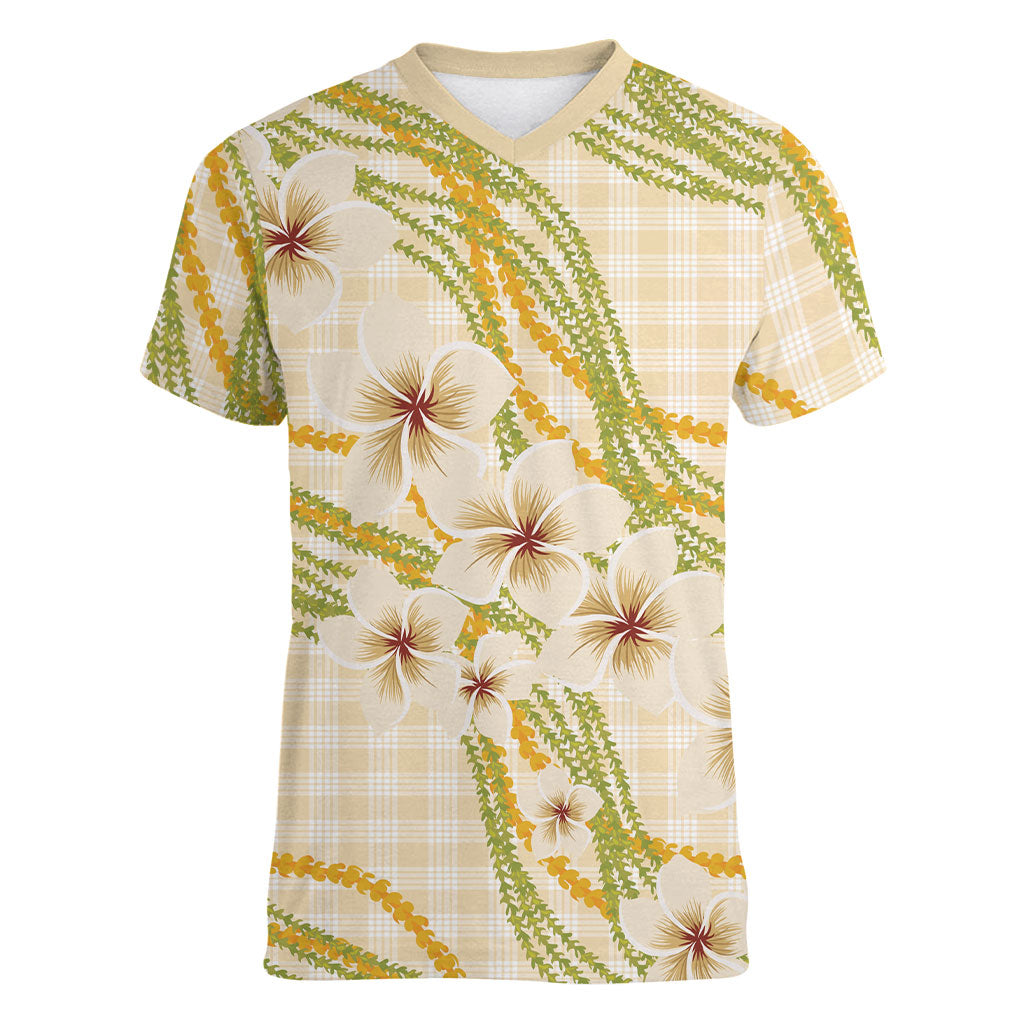 Melemele Ahiahia Hawai'i Palaka Plumeria Women V-Neck T-Shirt Puakenikeni and Maile Lei LT9 Female Pastel Yellow - Polynesian Pride