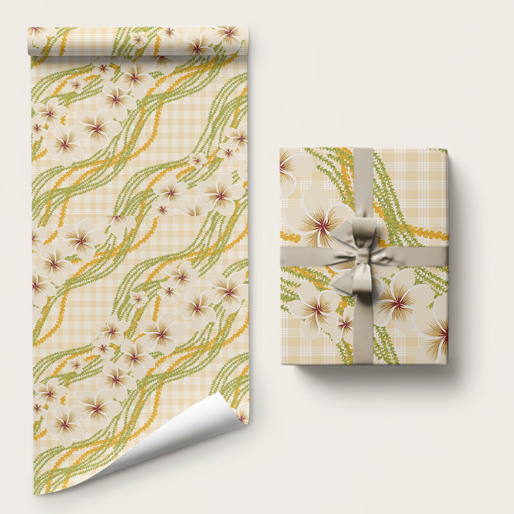 Melemele Ahiahia Hawai'i Palaka Plumeria Wrapping Paper Puakenikeni and Maile Lei LT9 58" × 23" Pastel Yellow - Polynesian Pride