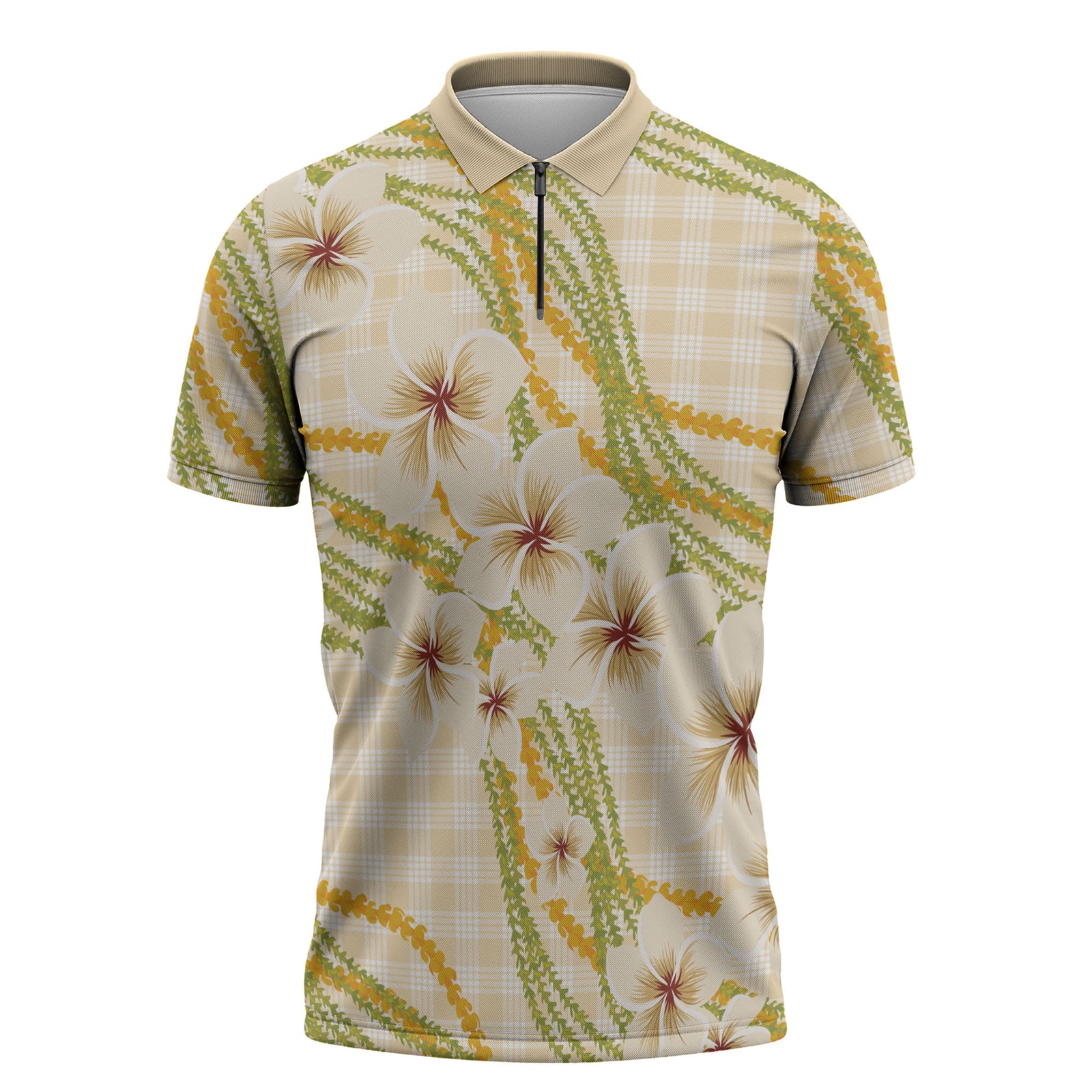 Melemele Ahiahia Hawai'i Palaka Plumeria Zipper Polo Shirt Puakenikeni and Maile Lei LT9 Pastel Yellow - Polynesian Pride