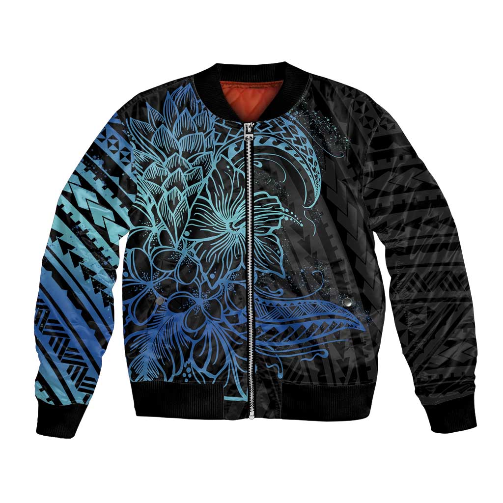 Floral Polynesian Hibiscus Tattoo Bomber Jacket Blue Gradient Style LT9 Unisex Blue - Polynesian Pride