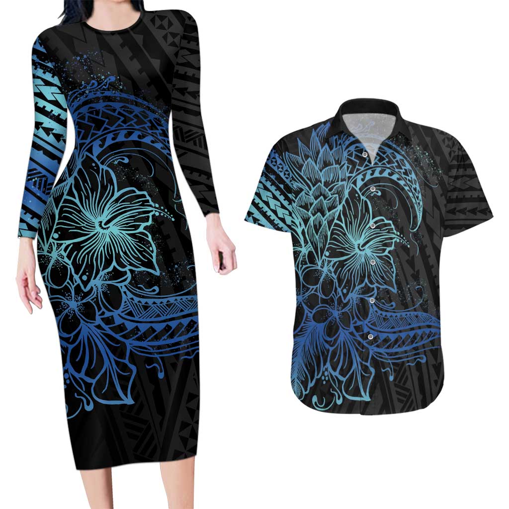 Floral Polynesian Hibiscus Tattoo Couples Matching Long Sleeve Bodycon Dress and Hawaiian Shirt Blue Gradient Style LT9 Blue - Polynesian Pride