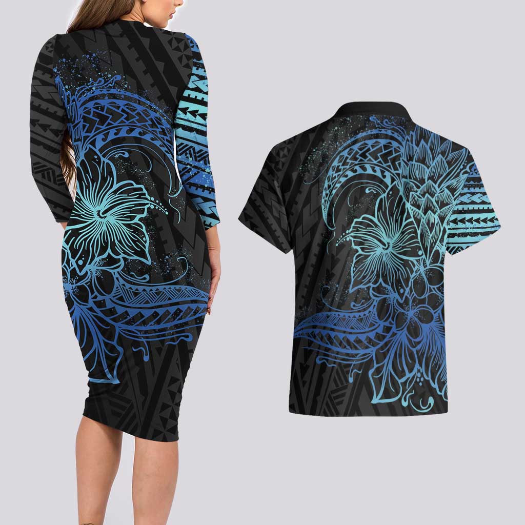 Floral Polynesian Hibiscus Tattoo Couples Matching Long Sleeve Bodycon Dress and Hawaiian Shirt Blue Gradient Style LT9 - Polynesian Pride