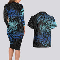 Floral Polynesian Hibiscus Tattoo Couples Matching Long Sleeve Bodycon Dress and Hawaiian Shirt Blue Gradient Style LT9 - Polynesian Pride