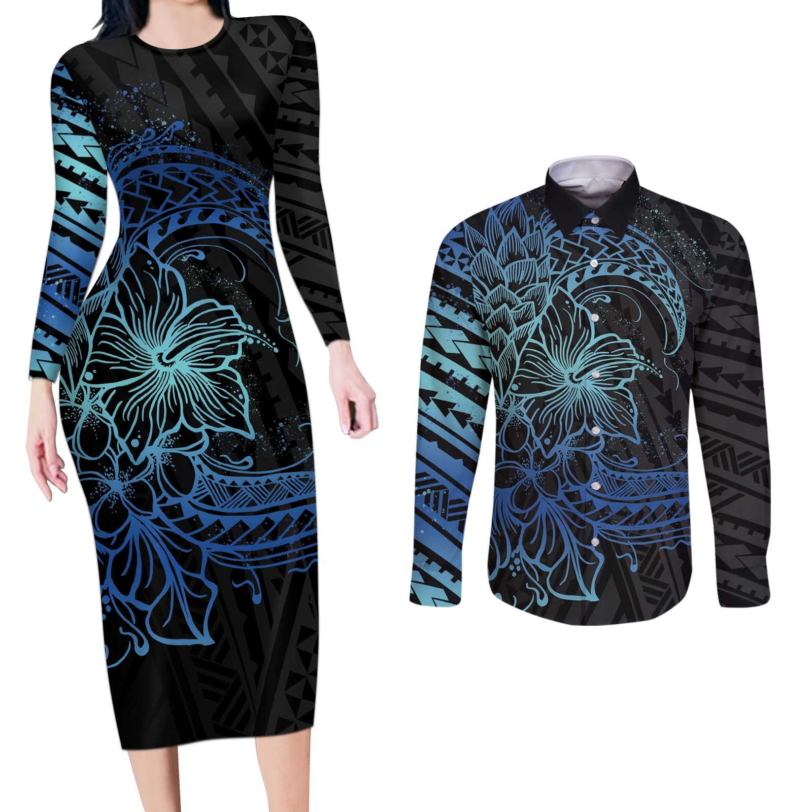 Floral Polynesian Hibiscus Tattoo Couples Matching Long Sleeve Bodycon Dress and Long Sleeve Button Shirt Blue Gradient Style LT9 Blue - Polynesian Pride